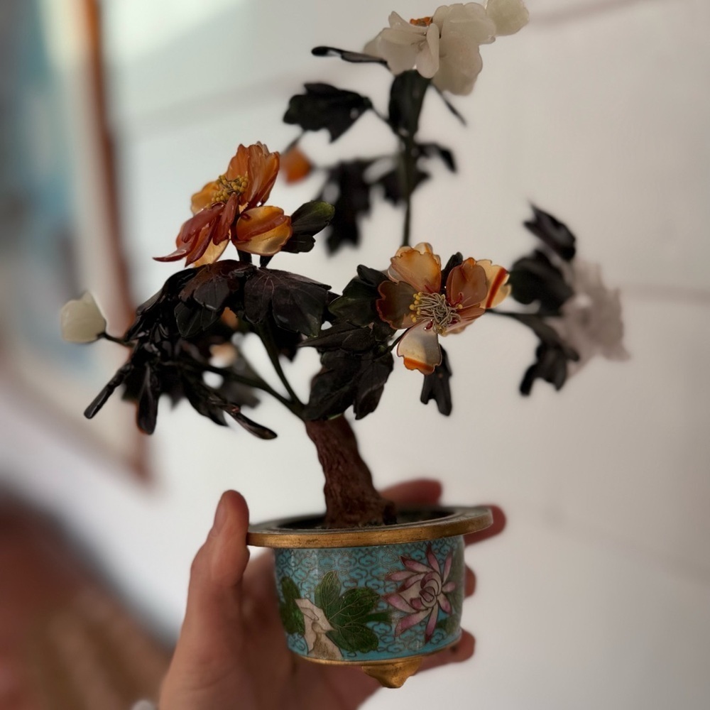 Vintage Chinese Carved Hardstone Flowering Bonsai in a Cloisonne Plant Pot jade - Picture 4 of 9